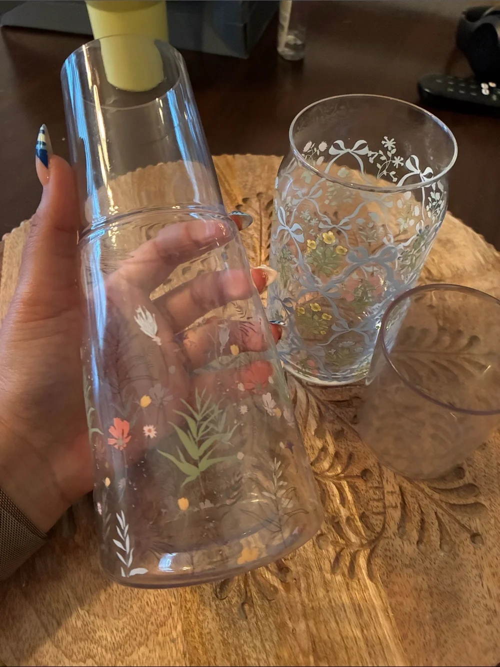 Stanley Yellow Tumbler with Floral Patterned Glasses